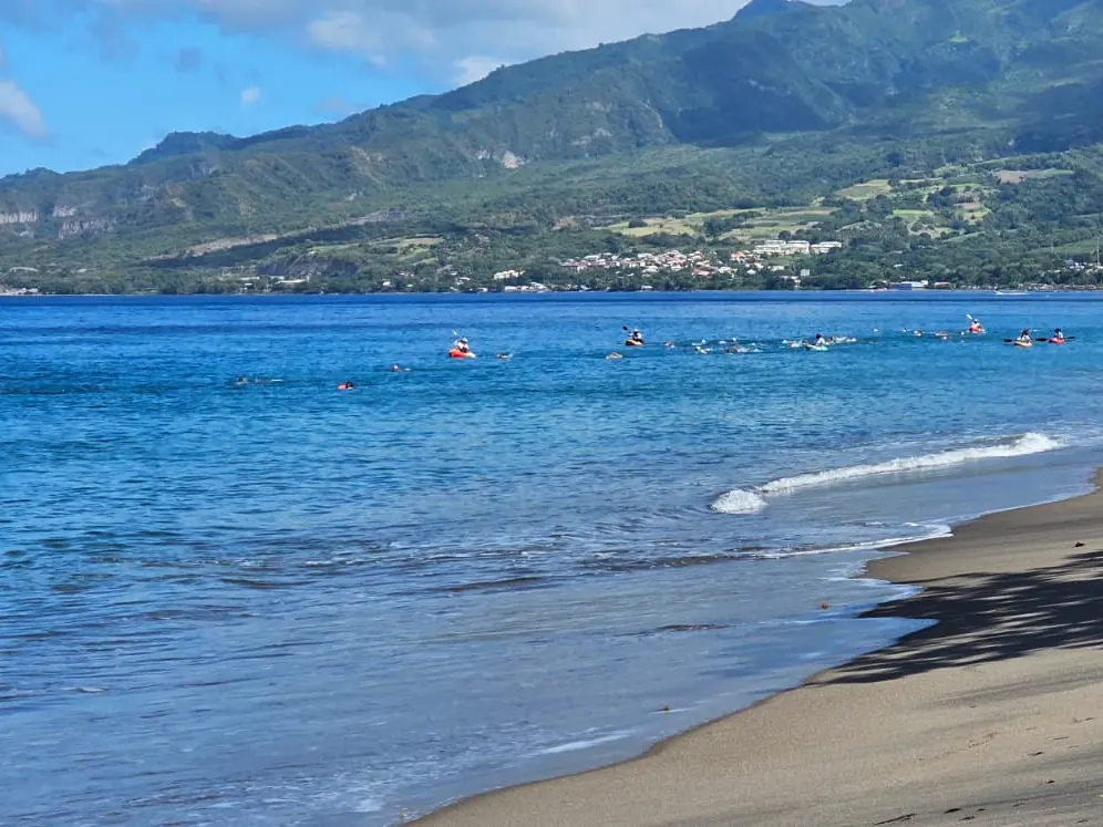 Les nageurs au loin le long de la plage de sable noir, la montagne Pelée au-dessus de la côte