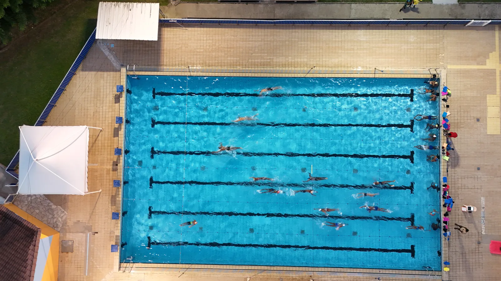 Lignes d'eau d'un bassin de natation vues du ciel